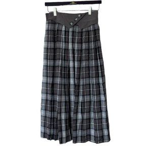 Vintage Skirt Size Small Beige Brown Plaid Midi A Line Retro Button Detail